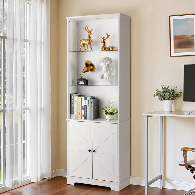 White Wooden Freestanding Open Shelves Storage Cabinet with Glass Doors and RGB LED Lights - 23.62” x 9.25” x 70.9” (L x W x H)