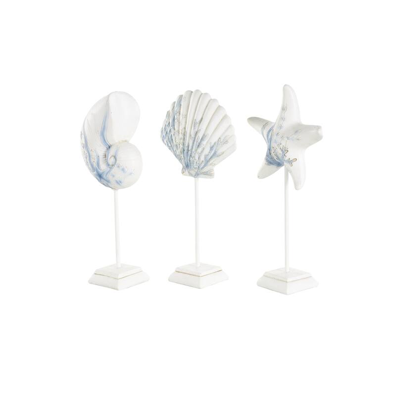 Polystone Sea Life Shell and Starfish Decorative Sculpture with Blue Coral Patterns - Set of 3 White - Roche River Decor