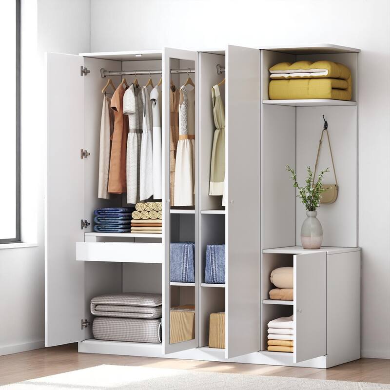Modern Particle Board Wardrobe with Mirror, 2 Hanging Rails, 1 Drawer, Shelves and Safety Lock, 65.9" Tall