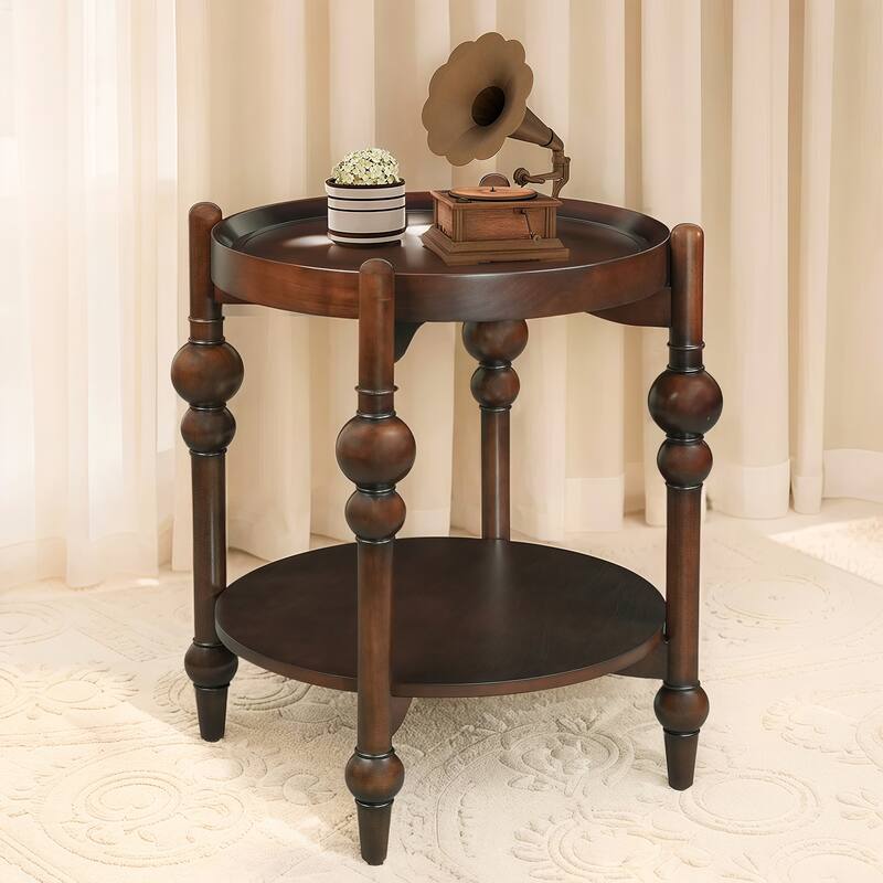 Mid-Century Modern Round Wood End Table, Solid Wood Side Table with Lower Shelf, Small Living Room Accent Table