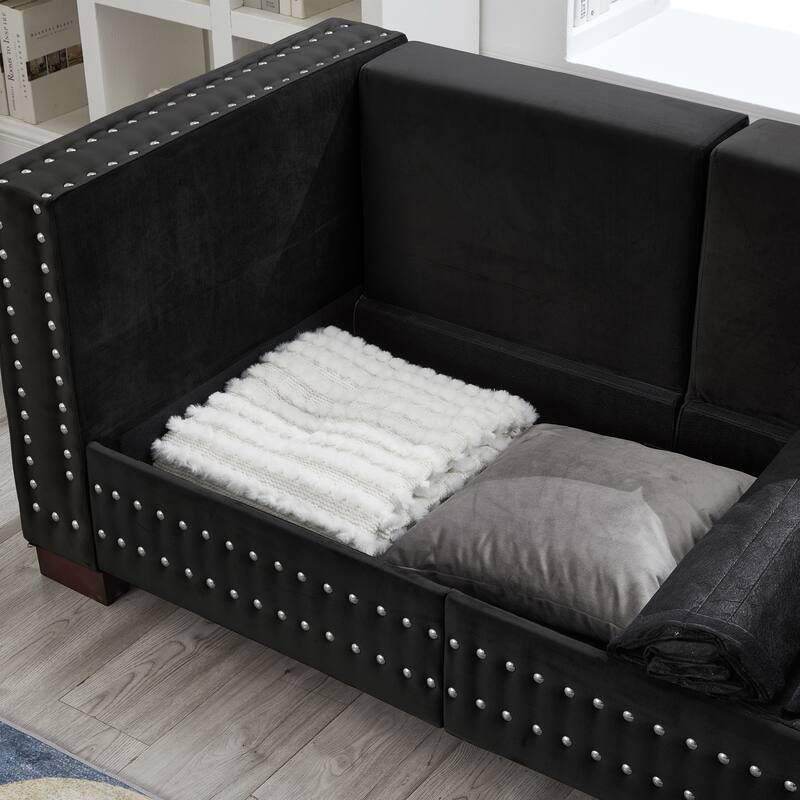 Modern Design Upholstered Velvet Black Sofa with Storage and Removable Cushion Covers