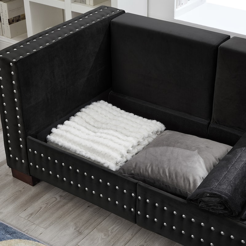 Velvet Upholstered Storage Sofa Set with Loveseat Sofa and 3 Seater Couch, Square Armrests with Silver Nails Decoration