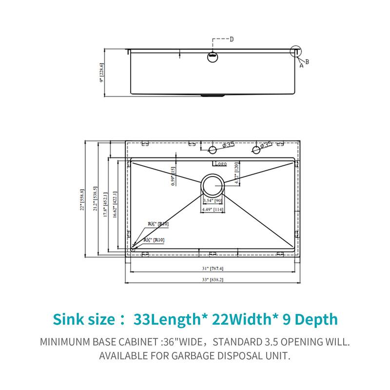 33" Drop-In 16 Gauge Single Bowl Stainless Steel Kitchen Sink