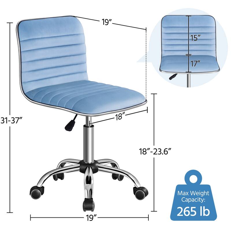 Yaheetech Velvet Low Back Armless Desk Chair Office Chair with Wheels - 19″ L × 19″ W × (31-37)″ H