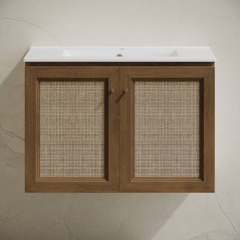 Classe 30" Wall-Mounted Bathroom Vanity In Brown Oak With Single Faucet Hole Vanity Top - 30