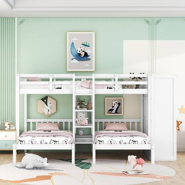 slide 2 of 10, Full-Over-Twin-Twin Triple Bunk Bed with Shelves, Wardrobe & Mirror for 3 White