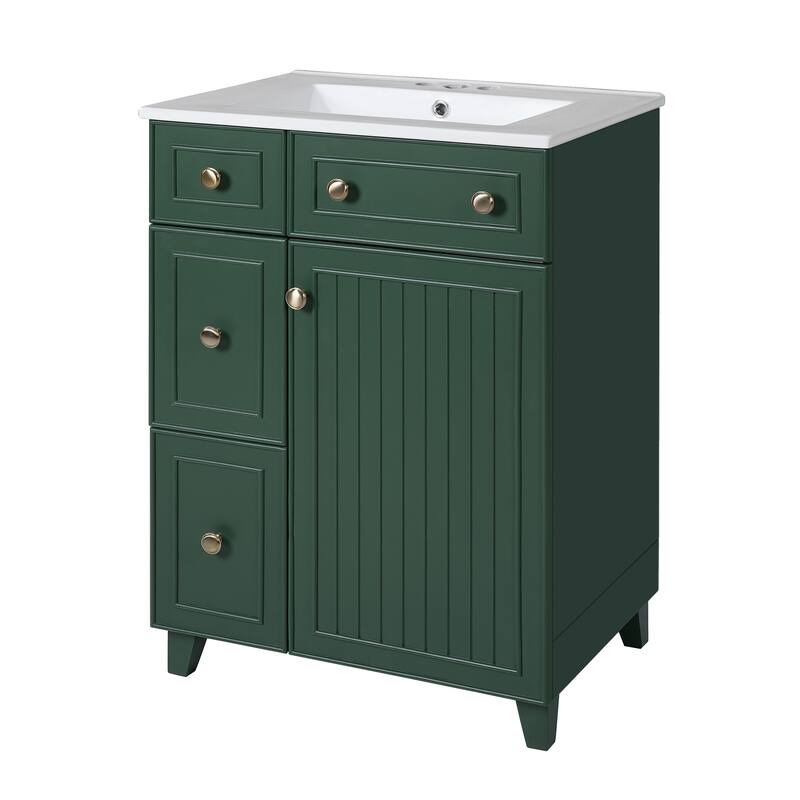 24"Bathroom Vanity Cabinet with Ceramic Sink, 2 Drawers, 1 Soft-Close Door