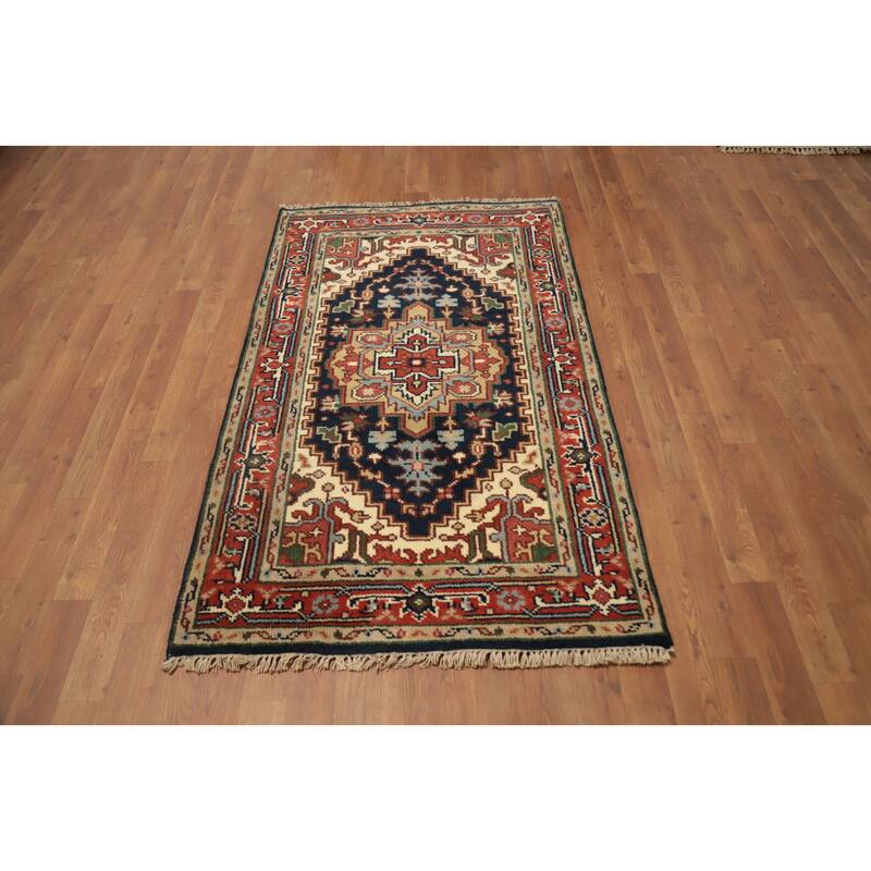 Hand Knotted Oriental 100% Wool Carpet Traditional Medallion Navy Blue & Blues Heriz (serapi) Area Rug - 5' 0'' X 3' 0''
