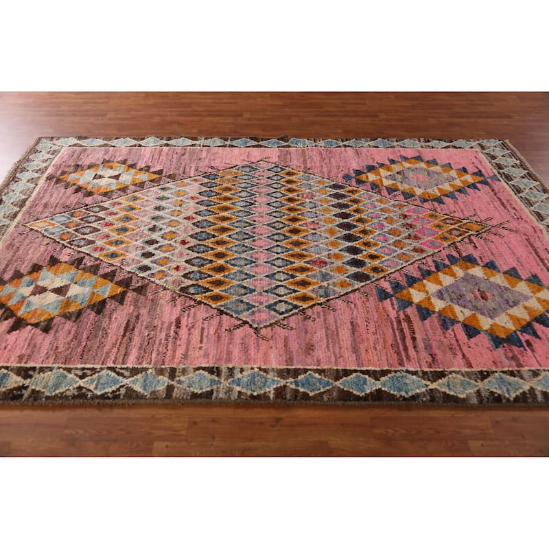 Pink Geometric Moroccan Area Rug Hand-Knotted Wool Carpet - 6'7" x 10'3"