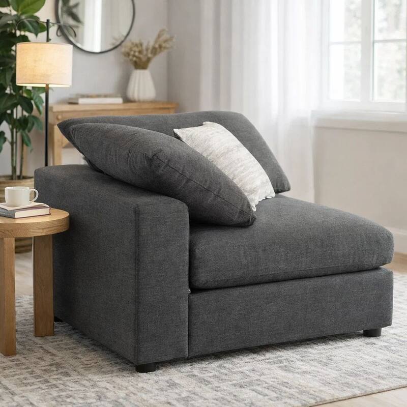 Fabric Upholstered Wooden Corner Chair with Loose Cushion Seat, Gray