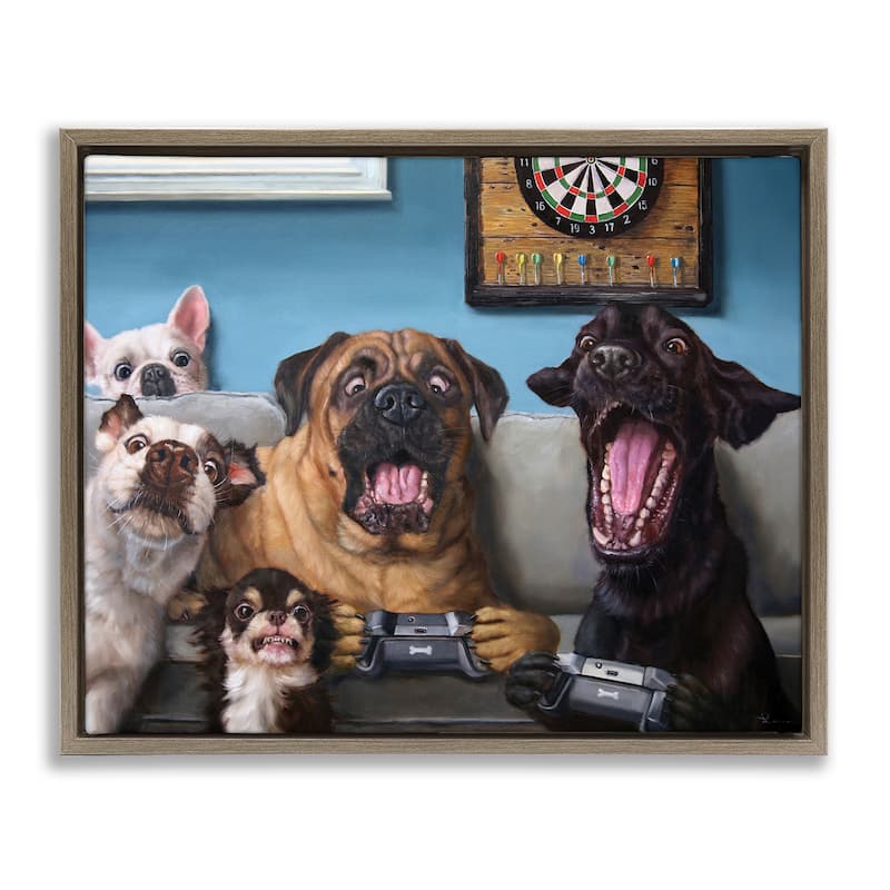 Stupell Funny Dogs Playing Video Games Livingroom Pet Portrait Floater Frame - Blue - 21 x 17 - Brown