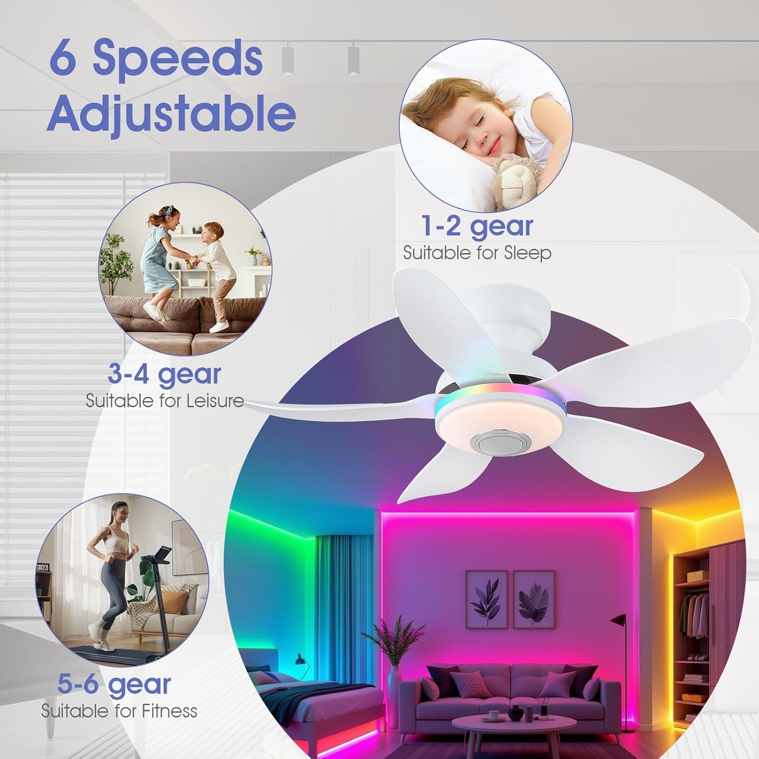 Kviflon 36/46 inches RGB Flush Mount Ceiling Fan with Light and Remote and Speaker-White