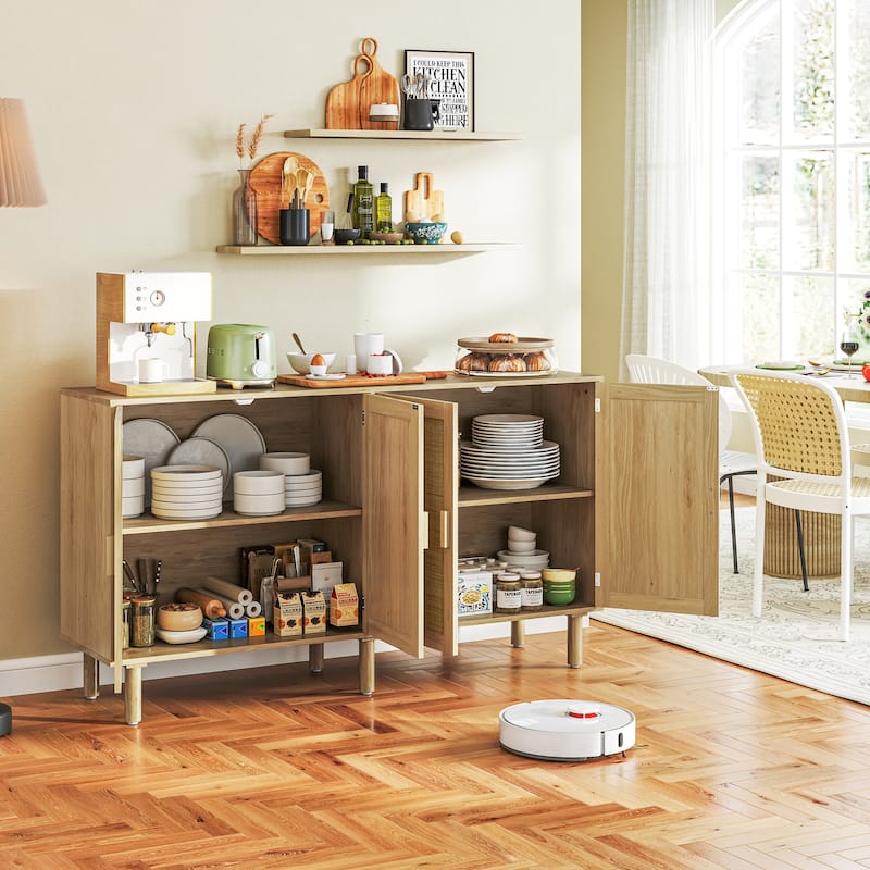 Natural Rattan Sideboard with Double-Tier Cabinets and Pine Legs Storage Console for Living Room Hallway