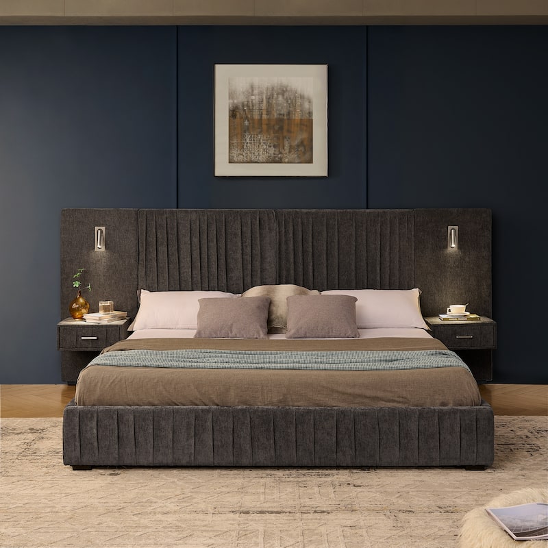 King Size Upholstered Platform Bed with Headboard, Bedside Table, and Adjustable Lamps in Dark Grey