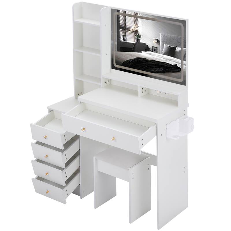 Vanity Desk with Touch Control LED Mirror, Makeup Table with Hair Dryer Stand, Vanity Table Set with Cushioned Stool