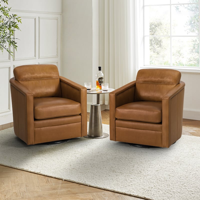 Jorge 28.74" Wide Traditional Genuine Leather Swivel Chair with Removable Seat Cushion and No Assembly Needed Set of 2 - CAMEL