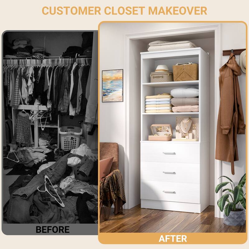 23.6" W Closet System with 3 Wooden Drawers and Storage Shelves, 2FT Sturdy Walk-in Organizer Storage Unit