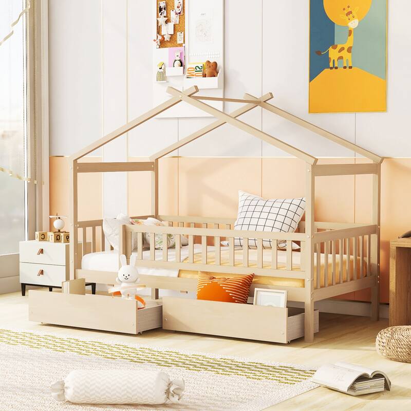Twin Size Wooden House bed with Two Drawers, Natural