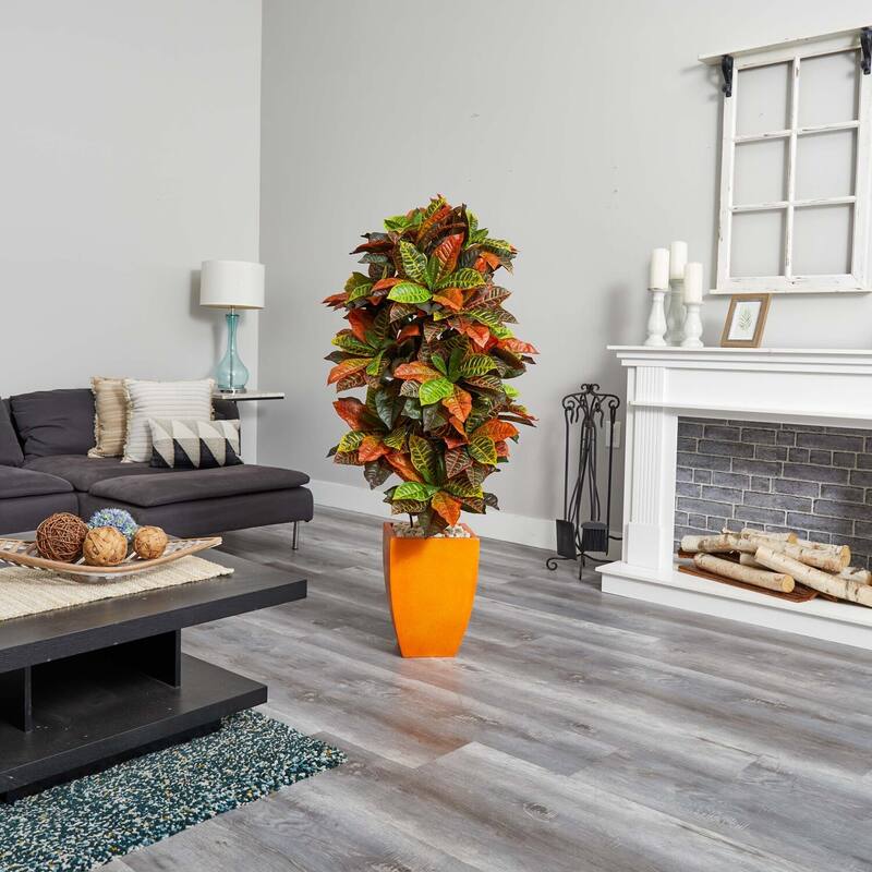 5.5ft Croton Artificial Plant with Real Touch Variegated Leaves in Retro Orange Planter for Home Decor - Green