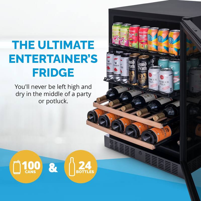 Newair Wine and Beverage Splitshelf Refrigerator, 24 Bottles and 100 Cans, Splitshelf Built-in Counter or Freestanding Fridge