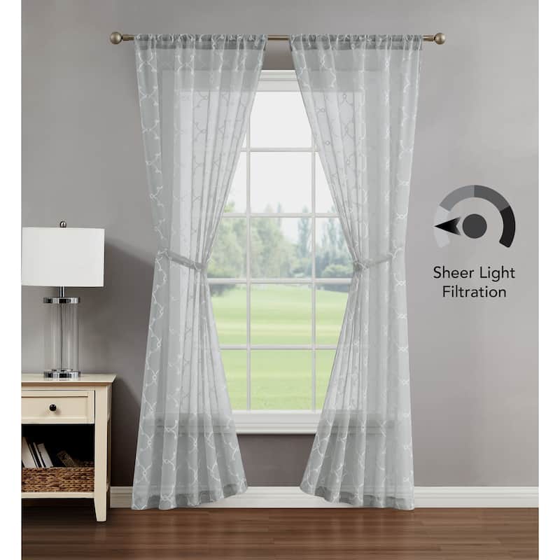 Creative Home Ideas Selena Embroidered Sheer Rod Pocket Window Curtain Panel Pair with Tiebacks - 78" x 84" - Light Grey