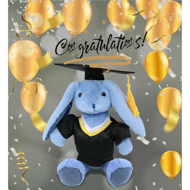 DolliBu Baby Blue Rabbit Graduation Plush Toy with Gown and Cap Outfit - 8 inches