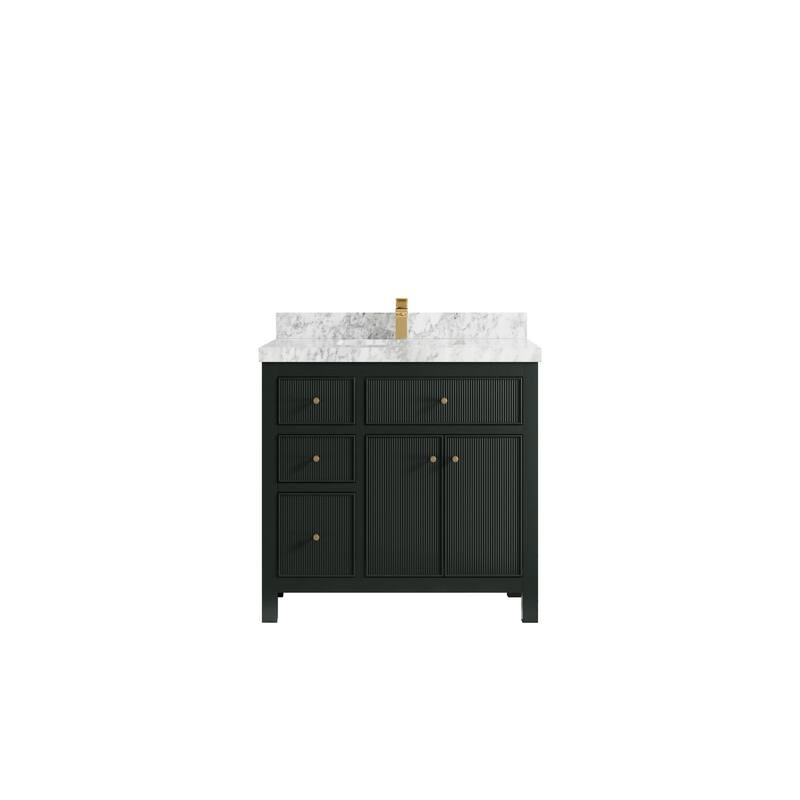 Willow Collections 36 in W x 22 in D Sonoma Center Sink Free Standing Reeded Bathroom Vanity with Countertop - 2" Carrara Marble - Dark Forest Green