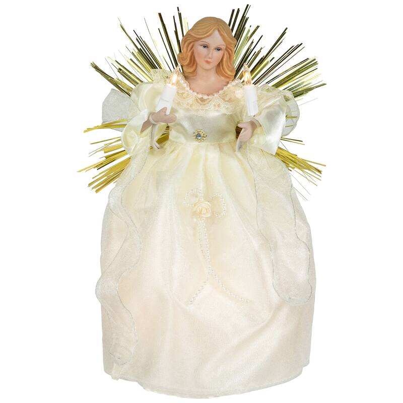 Angel with Candle Lighted Christmas Tree Topper - 10.5" - Gold - Clear Lights