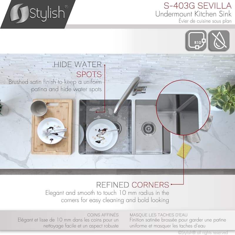 Undermount 28" Stainless Steel Double-Bowl 60/40 Kitchen Sink S-403G - 28" x 18" x 9"