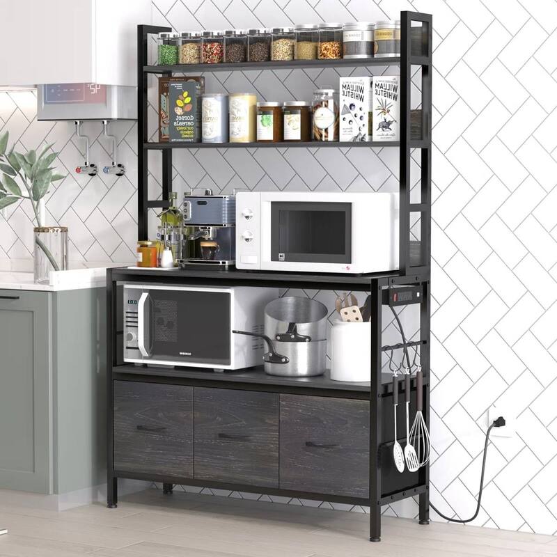 Kitchen Storage Rack with 4 Wooden Shelves Drawers and Baskets USB Ports and Microwave Shelf - 62.2'' H x 39.3'' W x 13.3'' D