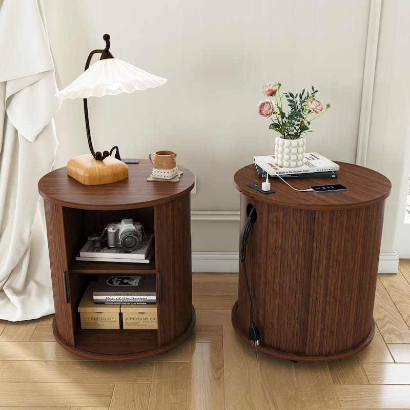 2-Tier Nightstands with USB Ports and Built-in Charging Station & Sliding Door (Set of 2 )