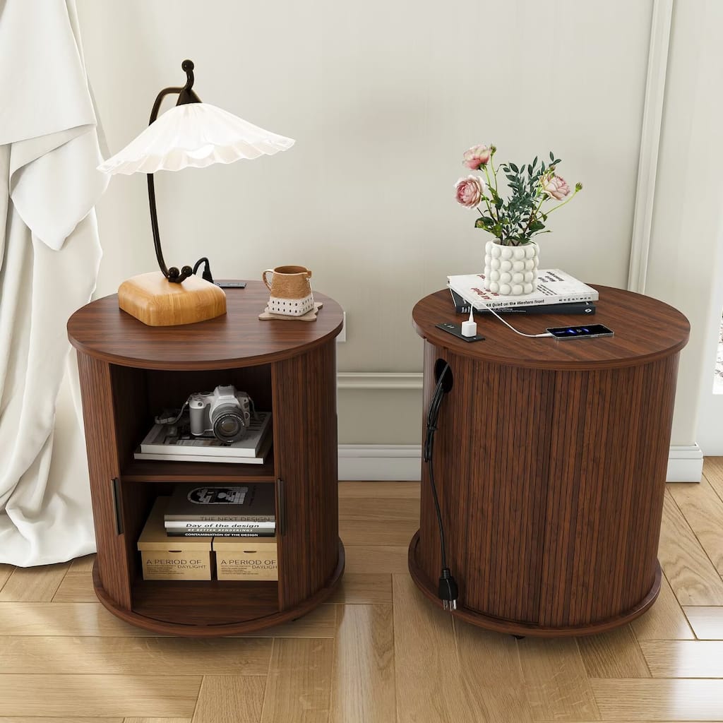 2-Tier Nightstands with USB Ports and Built-in Charging Station & Sliding Door (Set of 2 )