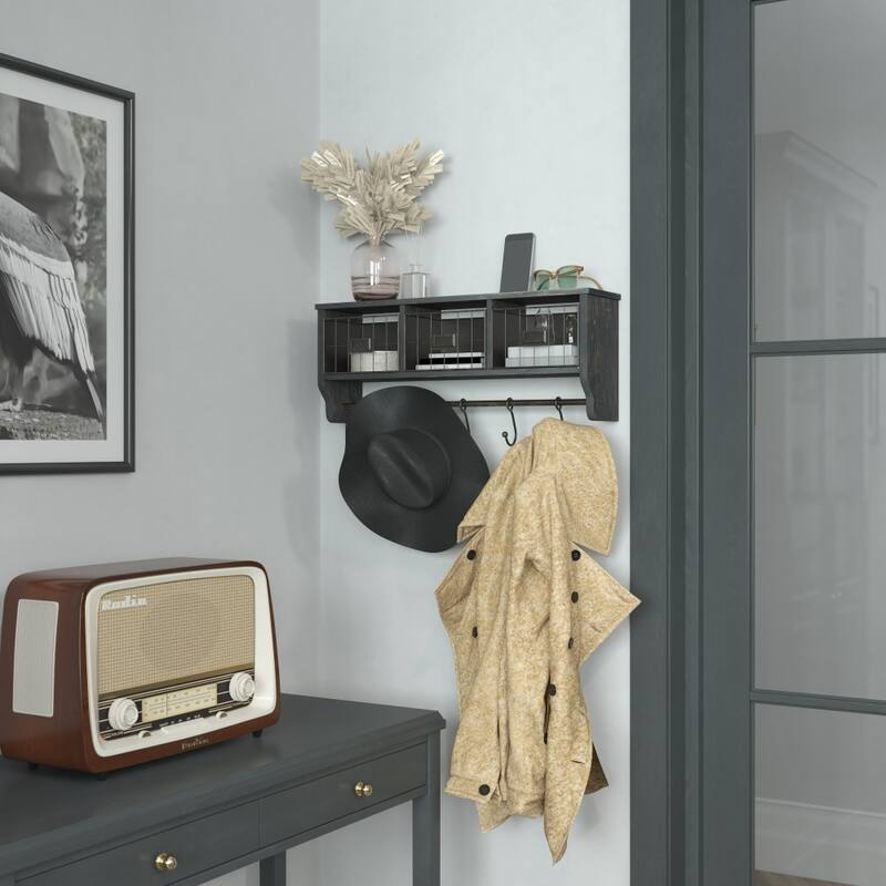 Wall Mounted Storage Rack with Upper Shelf, Wire Baskets, and Hooks - Black Wash