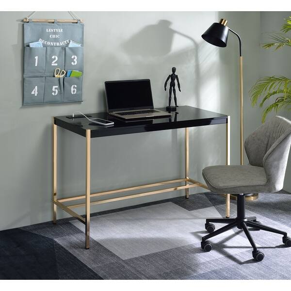 slide 2 of 10, Contemporary Style Midriaks Writing Desk with/USB Port, Wooden Countertop and Metal Desk MDF Panel, Suitable Forhome/Office Black