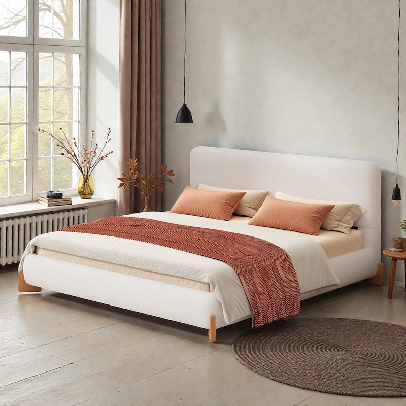 Boucle Upholstered Bed Frame, Soft White Fabric Platform Bed with Solid Wood Legs - White - Full