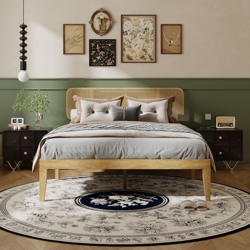 Solid Wood Bed Frame with Rattan Headboard - Natural Finish Platform Bed