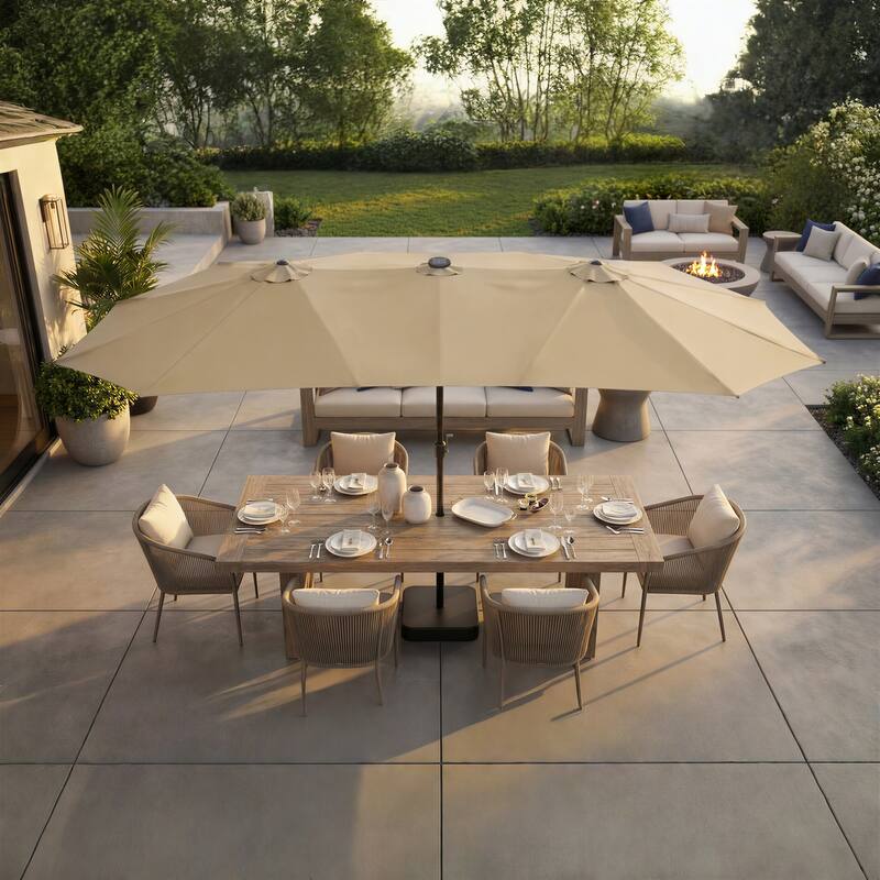 15FT Solar LED Double-Sided Patio Umbrella with Base, 12 Light Strips, 2000mAh