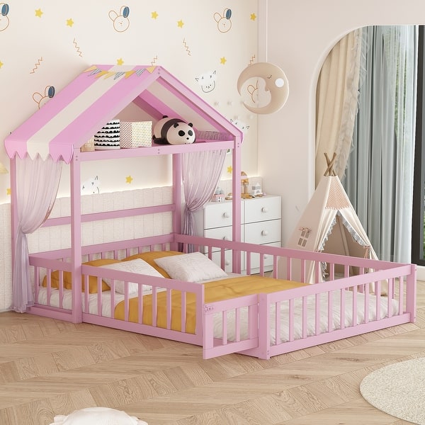 slide 2 of 16, Full Size Montessori Floor Platform Bed wFence and Door, Integrated Clothes Drying Rack, House-Shaped Headboard Bed, Pink Pink - Full