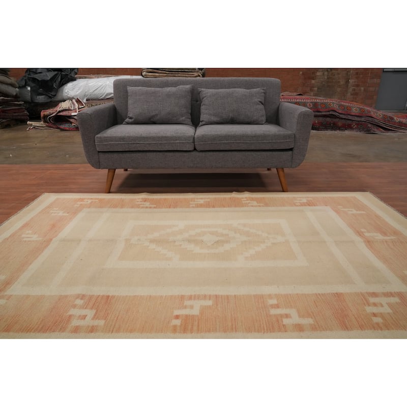 Hand Woven Oriental 100% Wool Carpet Southwestern Tribal Beige & Ivories Kilim Area Rug - 8' 1'' X 5' 1''