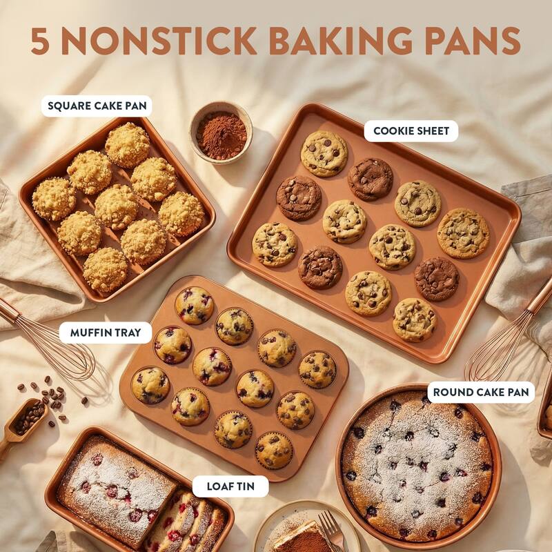 Gotham Steel Hammered Pots and Pans Copper 20 Piece Ceramic Nonstick Induction Cookware and Bakeware Set