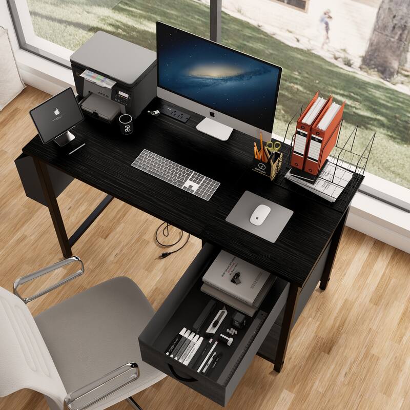 Modern Computer Desk with Charging Station and Reversible Storage Drawers for Home Office or Study Room