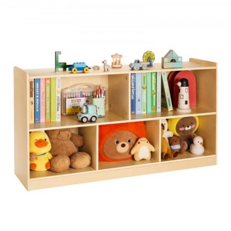 Brown Wooden Montessori Bookshelf with 5 Compartments and Top Shelf - 44.88 x 11.81 x 24.02 in
