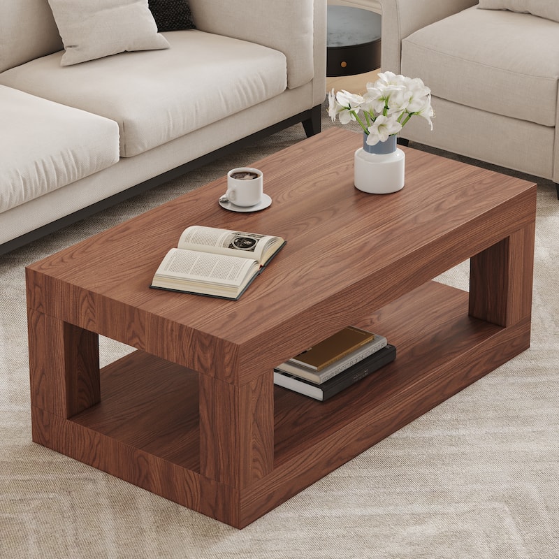 Modern 2-Tier Coffee Table, Rectangular Center Table with Open Storage Shelf, Stable and Durable, Easy Assembly