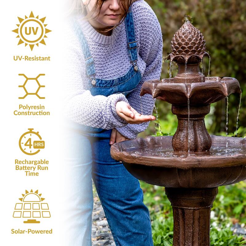 2-Tier Pineapple Solar Outdoor Water Fountain w/ Battery - 46" - Rust - 46-Inch