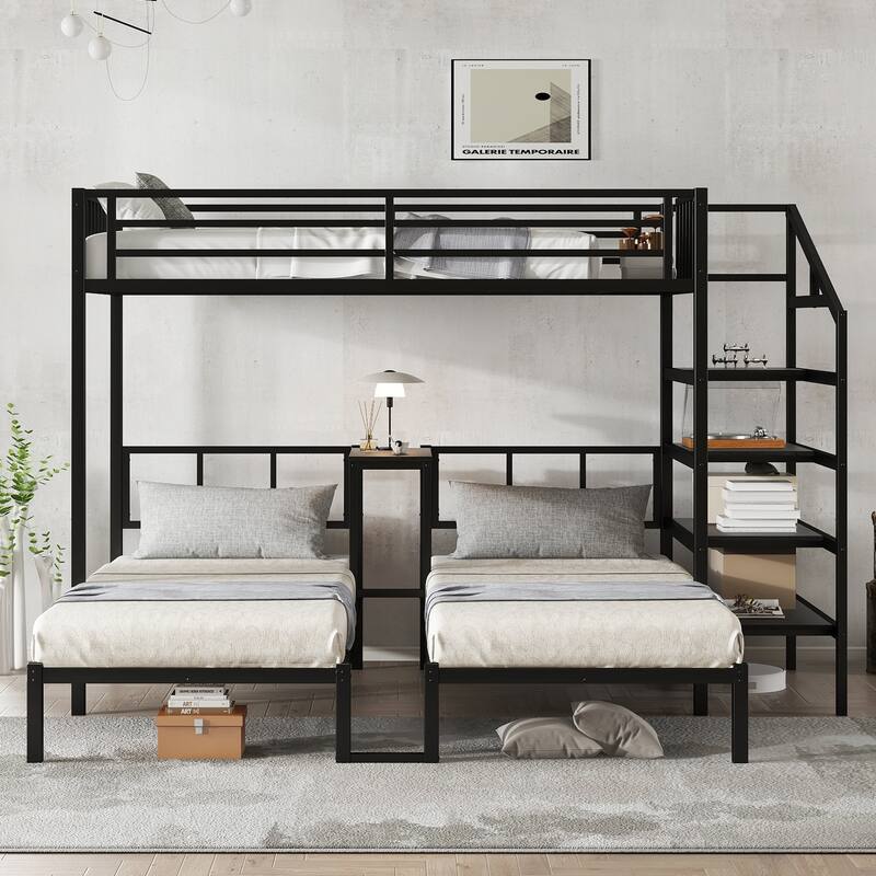 Roomfitters Twin XL over Twin & Twin Metal Triple Bunk Bed with Desk & Shelves, Space-Saving, Noise-Reduced Frame, Black