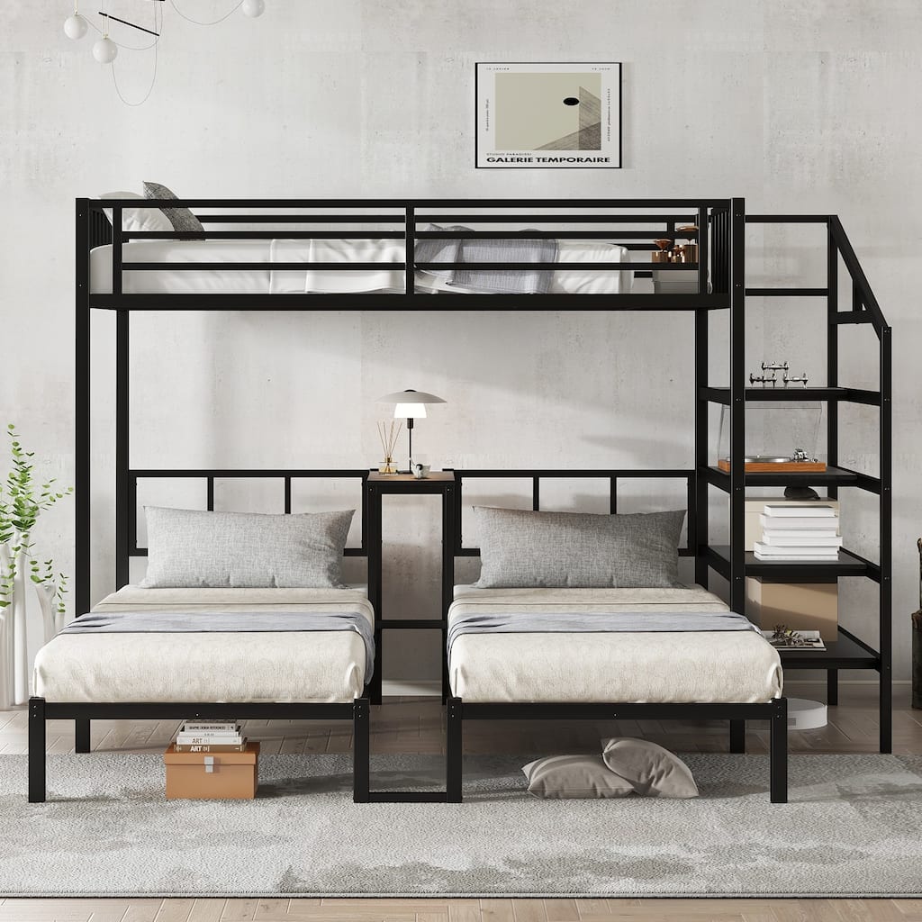 Twin XL over Twin & Twin Bunk Beds for 3, Heavy Duty Metal Triple Bunk Bed Frame with Desk and Storage Shelves, Noise Free
