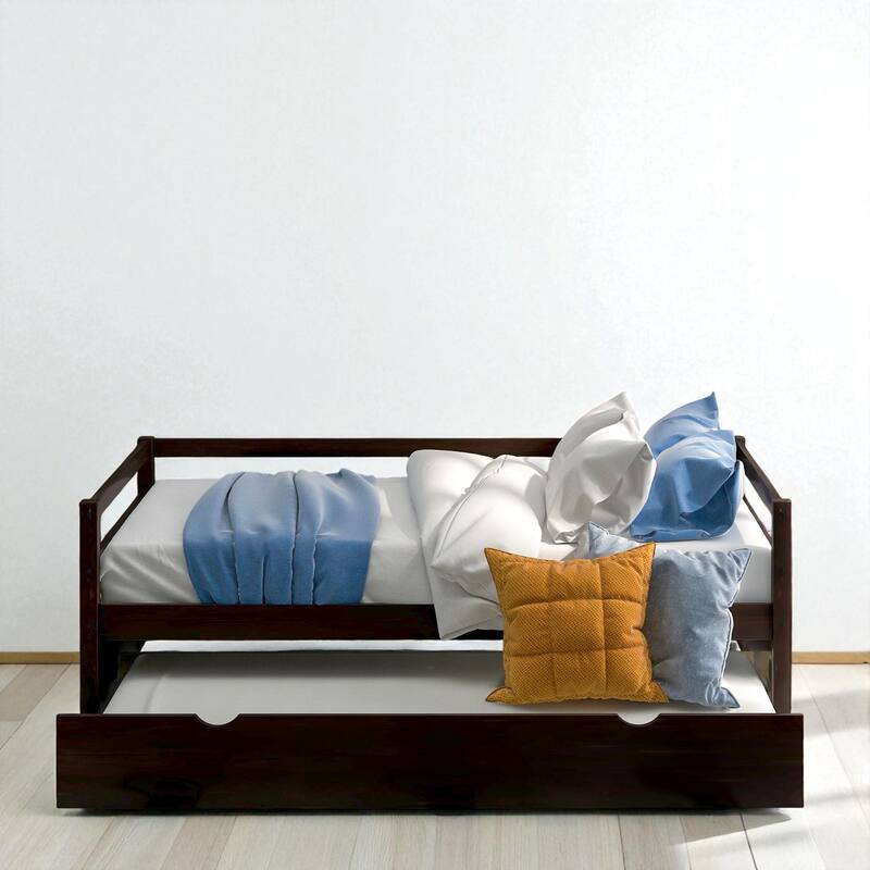 Twin Size Wood Daybed with Trundle, Solid Pine Frame, Guardrails and No Box Spring Required