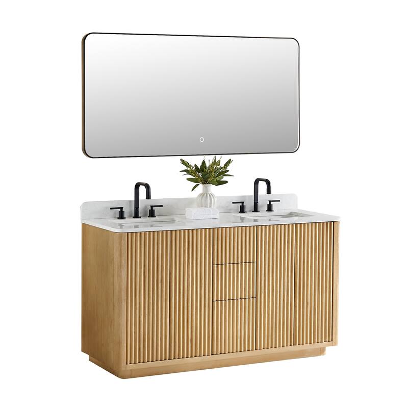 Clayton Bathroom Vanity in Washed Light Brown with Grain White Engineered Stone Countertop with Mirror