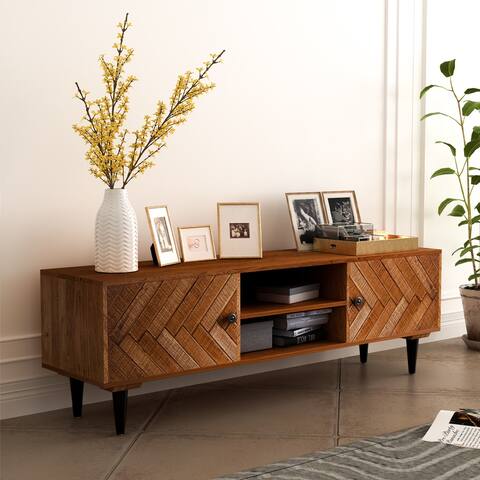 ExBrite Solid Wood Media Console Woodcraft HerringBone Pattern 2 Doors & Metal Legs for TV Table Bench Stand