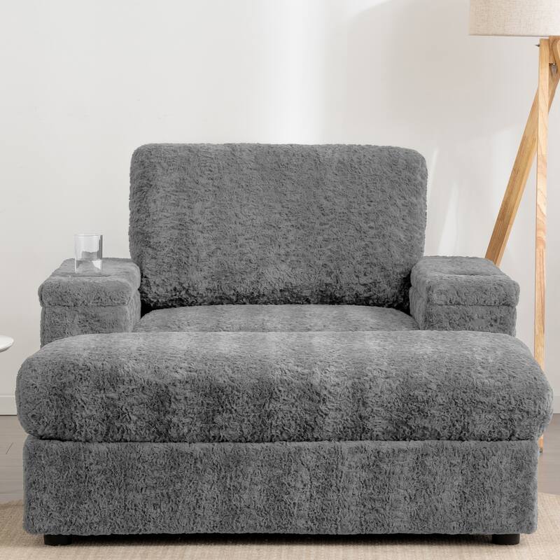 2-Piece Oversized Accent Chair & Ottoman Sets, Single Sofa Reading Couch Chaise Lounge with Storage Ottoman & Cup Holders